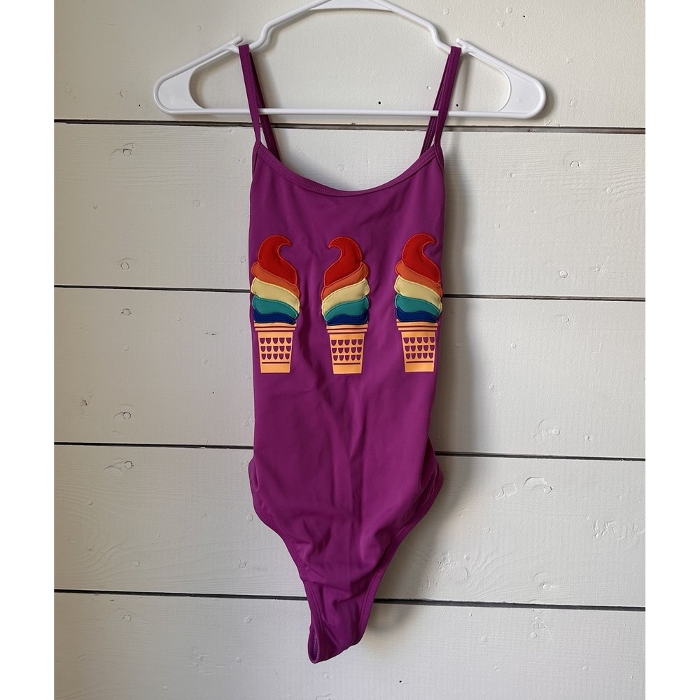 Hanna Andersson Girls One Piece Swim Suit Purple Ice Cream Cone Sz 160 US 14-16